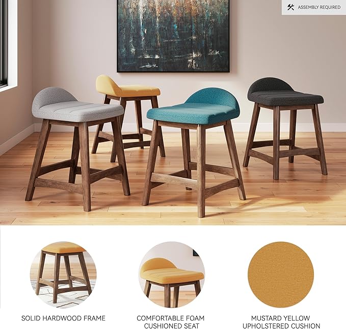 Signature Design by Ashley Lyncott Contemporary 24.25" Seat Height Counter Height Upholstered Bar Stool with Foam Cushion, 2 Count, Mustard Fabric, Solid Hardwood Frame with Brown Finish