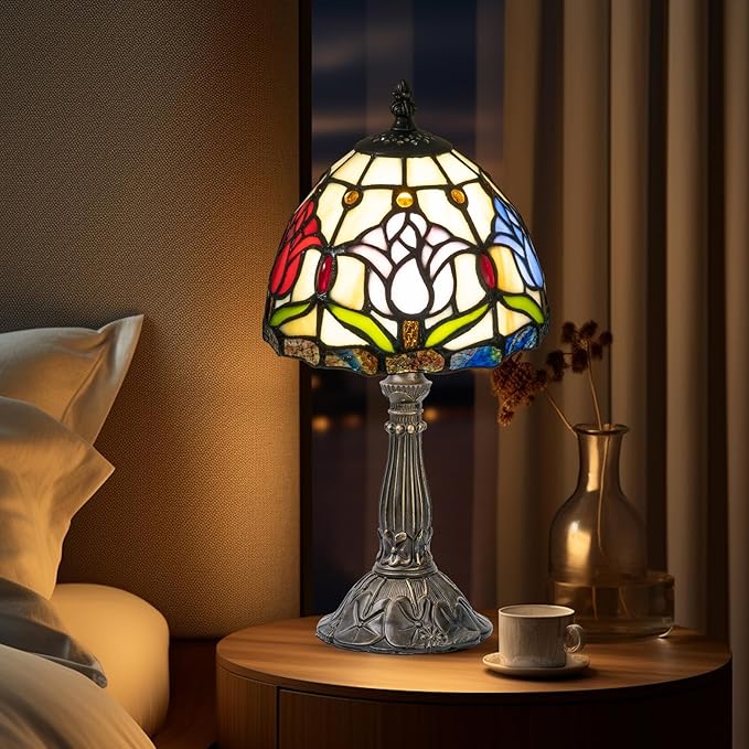 Tiffany Style Lamp,3 Color-Temperature Flower Stained Glass Lamp,8 Inch Tiffany Table Lamp for Bedroom Living Room Home, Handcrafted Light, Included Bulb