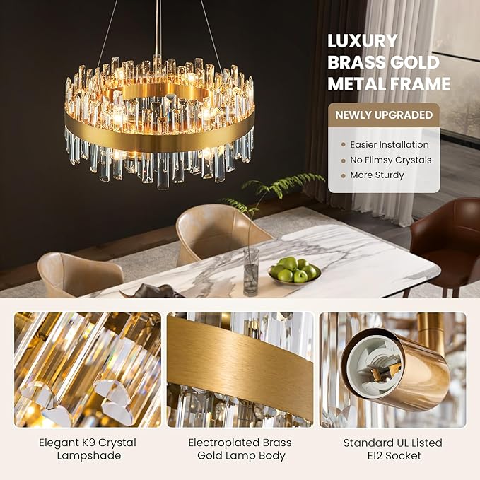CROSSIO Modern Crystal Chandelier for Dining Room, 12-Light Luxury Gold Flush Mount Crystal Ceiling Light 2-Tiers K9 Crystal Raindrop Chandelier for Living Room Kitchen Entryway Foyer D23.6''