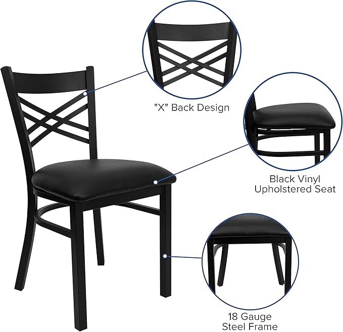 Flash Furniture Hercules Series "X" Back Metal Restaurant Chair, Modern Upholstered Armless Dining Chair for Restaurants and Kitchens, Black