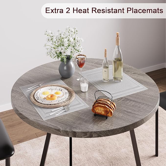 Dining Table and Chairs for 2, Round Dining Room Set with 2 Placemats, 3 Piece Set for Small Spaces, Rustic Gray