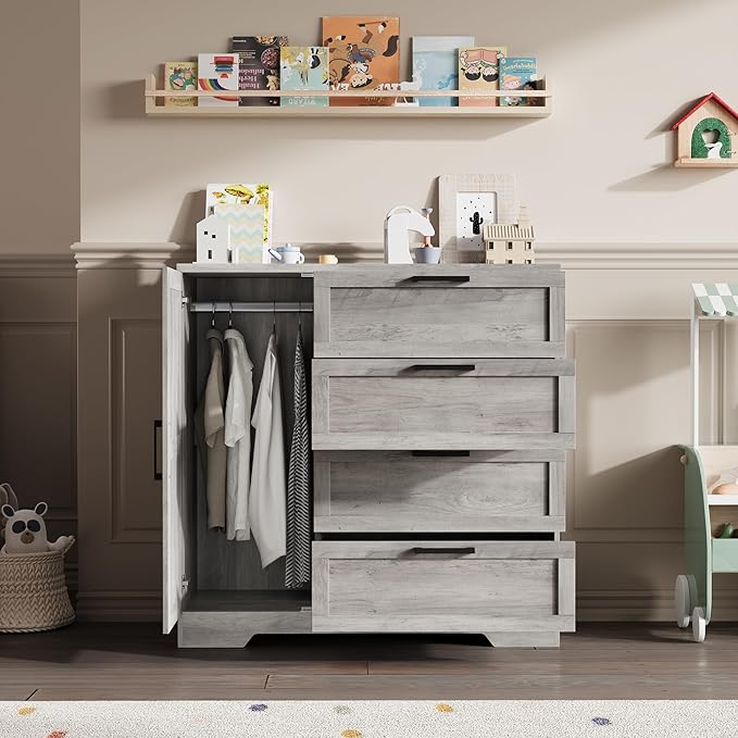 IDEALHOUSE 43.3'' H Armoire Wardrobe Closet with 4 Drawers and Hanging Rod, Multifunctional Wood 4 Drawers Dresser with Storage Closet, Clothing Storage Cabinets for Bedroom, Gray