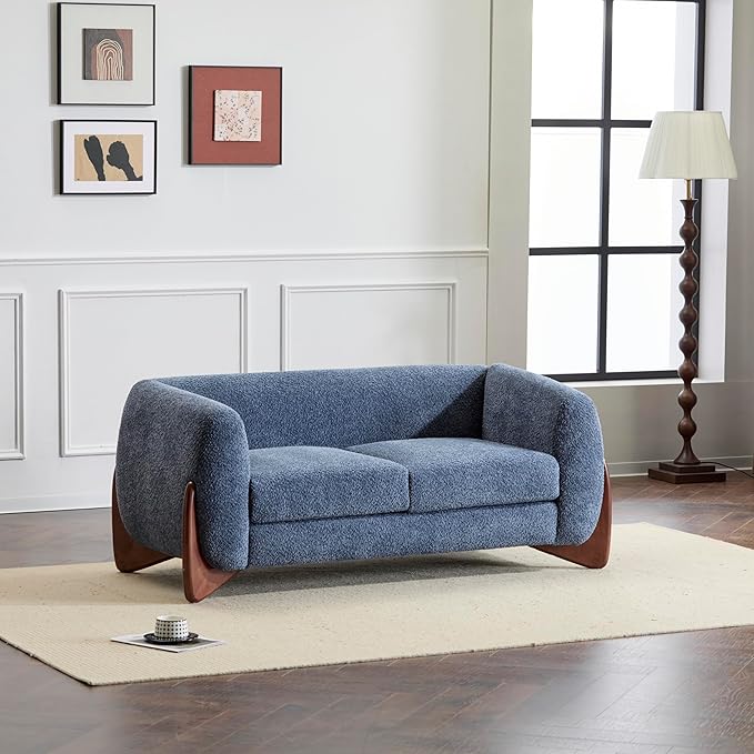 Christopher Knight Home Alma 63" Boucle Loveseat with Wood Legs, 2 Seater Sofa Couches for Living Room, Upholstered Couch Chair, Soft Seating Lounge Sofa Chair, Cozy Loveseat with Armrest, Navy Blue
