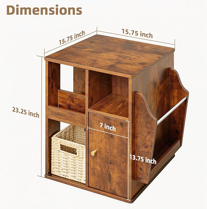 TooCust Rotating End Table with Storage, Square Rotating Side Table Living Room, Side Table with Magazine Holder, Basket and Cabinet, Swivel End Table with Multiple Storage (Rustic Brown)