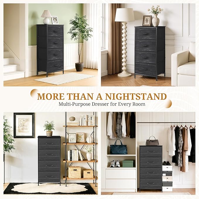 Nightstand with 4 Fabric Drawers, 37.4" H Tall Narrow Bedside Table with Wooden Top Steel Frame for Bedroom, Dorm, Closet, Living Room, Charcoal Black