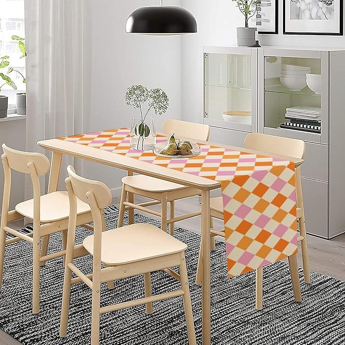 Retro 70s Hippie Table Runner Geometric Square Grid Yellow Orange Pink 1960s 1970s Vintage Country Farmhouse Dinner Runner for Living Room Kitchen Party Holiday 13x70in