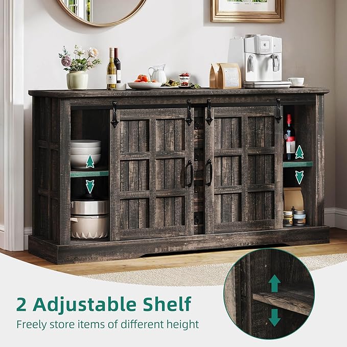 YITAHOME Farmhouse Buffet Cabinet with Storage, 59" Sideboard w/Sliding Barn Doors and 4 Drawers, Kitchen Cabinets for Living Room, Dark Rustic Oak