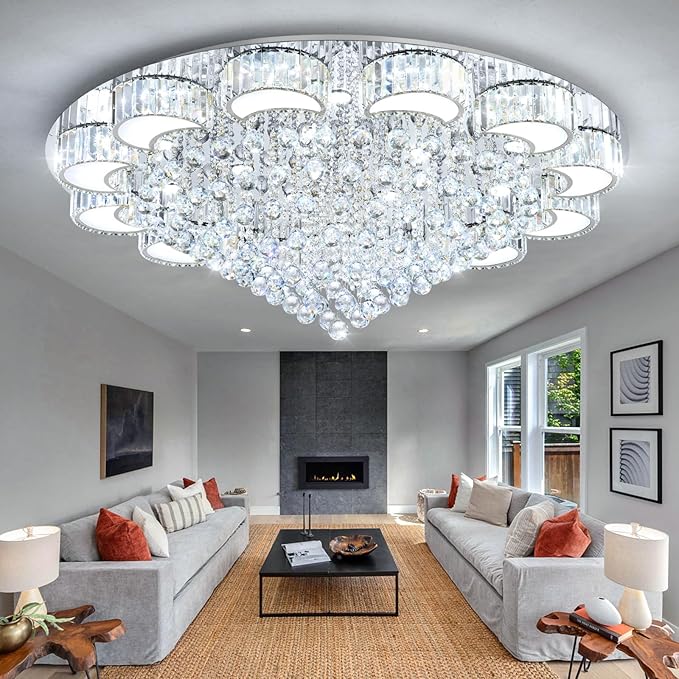 47'' Silver Modern Crystal Chandeliers for Dining Room LED Dimmable Light Fixtures Flush Mount Light Living Room Bedrooms