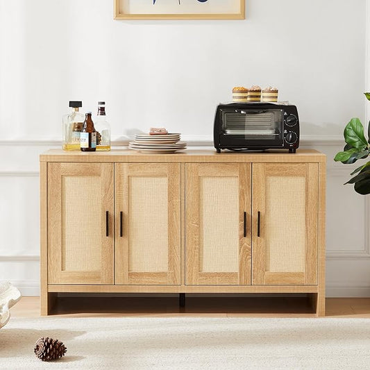 Mericonia Rattan Buffet Cabinet with Storage, Sideboard with Doors, Console Table, Farmhouse Coffee Bar, Modern Wood Long Cabinets for Livingroom, Kitchen(Driftwood Gray)
