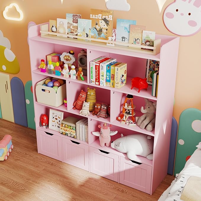 Gizoon Toy Storage Cabinet and Kids Bookcase with 4 Movable Drawers and 8 Open Shelves Toy Chest Shelf Organizer with Hidden Wheels for Playroom Nursery Kids Room, Pink