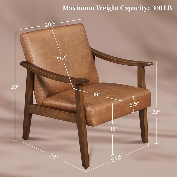 Yaheetech PU Leather Accent Chair, Mid-Century Modern Armchair with Solid Wood Legs, Reading Leisure Chair with High Back for Living Room Bedroom Waiting Room, Brown