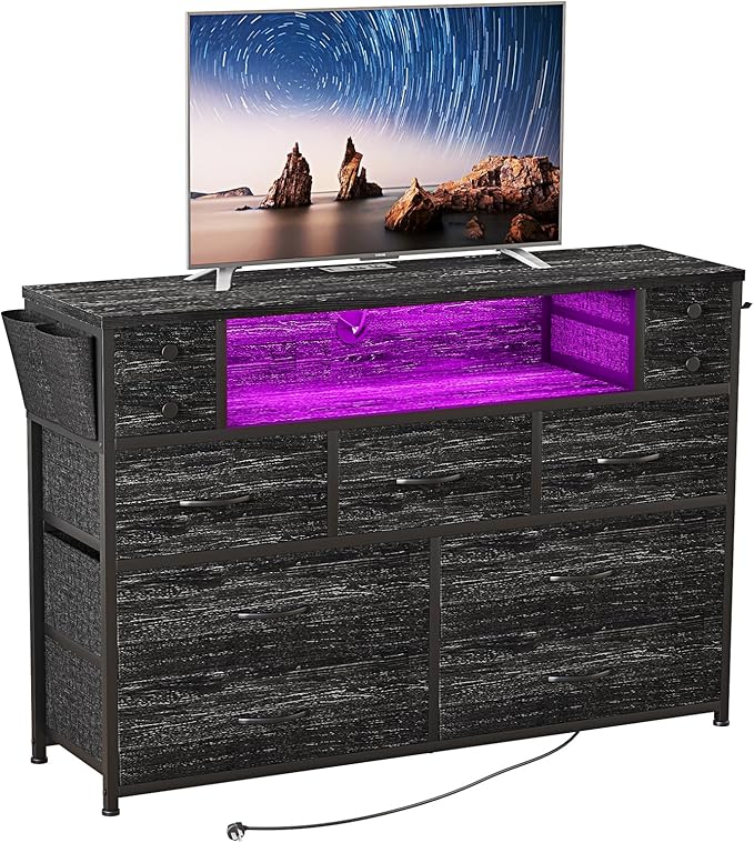 Dresser TV Stand with Power Outlets and LED Lights for 55'' TV, 11 Drawers Dresser with Side Pocket, Fabric Chest of Drawers with PU Finish, Sturdy Frame & Wood Top (Charcoal Black)