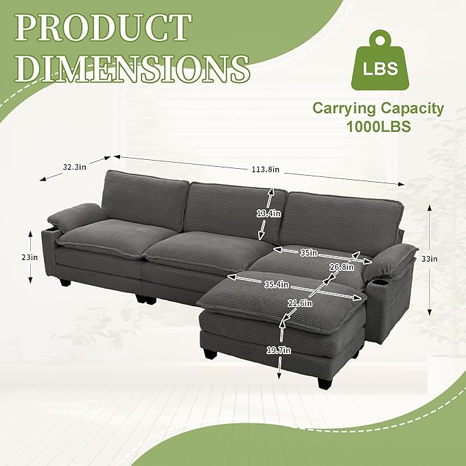 113" Convertible L Shaped Modular Sectional Sofa with Ottoman, Deep Seat Cloud Corner Couch with Layered Cushion, Corduroy Upholstered Sofa Couches w/Cupholders and Side Pockets | Wood Frame, Solid Legs