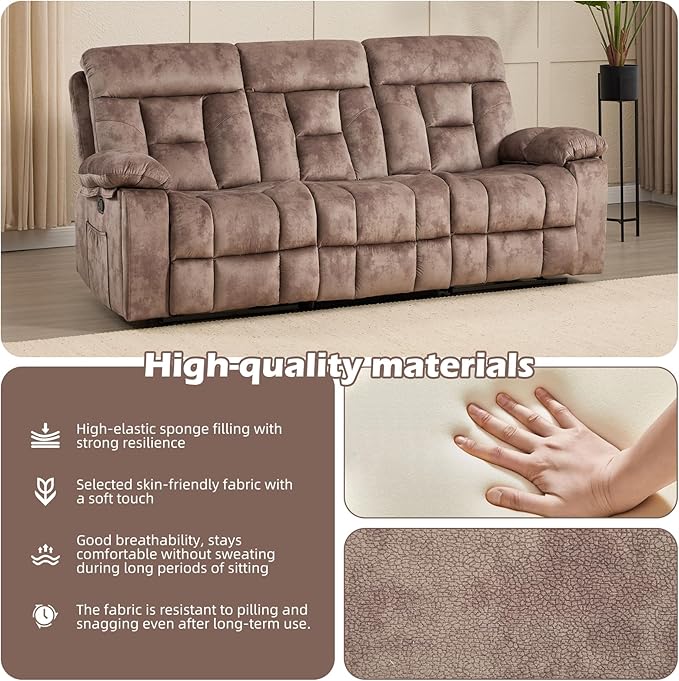 CANMOV 3 Seat Manual Recliner Sofa, Modern Reclining Sofa with Overstuffed Armrest, Hidden Cup Holders, for Living Room, Camel-Brown