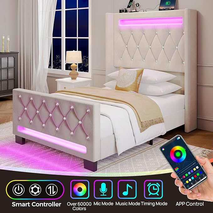 Rolanstar Twin Bed Frame with LED Light and Charging Station, Upholstered High Headboard and Footboard, Wood Slats, Noise Free, Easy Assembly, Beige
