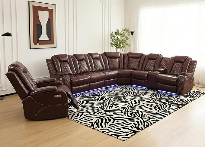 Breathing Leather Power Recliner Sectional Set, L Shaped Couch and Recliner Set with LED Light/Cup Holders/USB Port, Reclining Sectional Sofa 7 Seat for Living Room Home Theater (Wind Red)