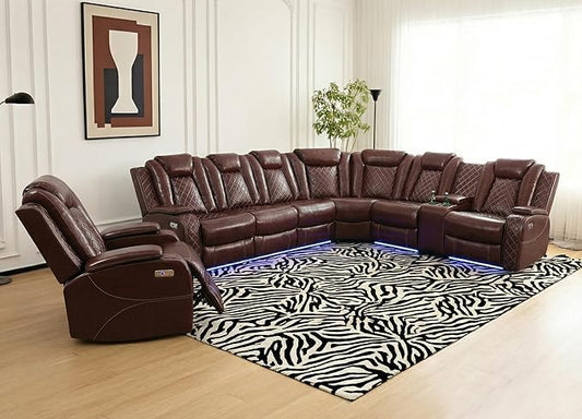 Breathing Leather Power Recliner Sectional Set, L Shaped Couch and Recliner Set with LED Light/Cup Holders/USB Port, Reclining Sectional Sofa 7 Seat for Living Room Home Theater (Wind Red)