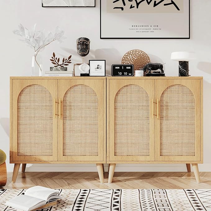 Rovaurx Set of 2 Rattan Storage Cabinet with Doors, Accent Bathroom Floor Cabinet, Modern Sideboard Buffet for Living Room, Entryway, Dining Room and Kitchen, Natural BMGZ108M02 | Set of 2, with Doors