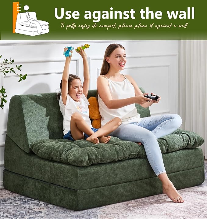 Hobestluk Sofa Couch Folding Sofa Bed Sleeper Comfy Floor Lounger Loveseat Sofa with Removable Cushion Couches Foldable Mattress for Living Room Bedroom or Office (Chenille Green, Oversize)