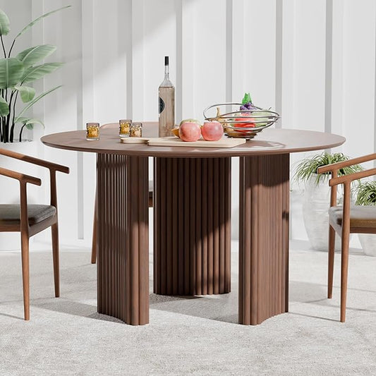 Casaphoria 46" Round Dining Table for 2-4, Farmhouse Style Small Table with Stripes Base, Easy Assembly for Living Room, Kitchen, Bar, Walnut