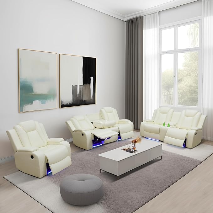 Power Recliner Sofa Set, Leather Reclining Sofa Sets with LED Lights, Living Room Furniture Set, Loveseat with Console Storage, Recliner Couch with USB Port (3 Piece Set, White)