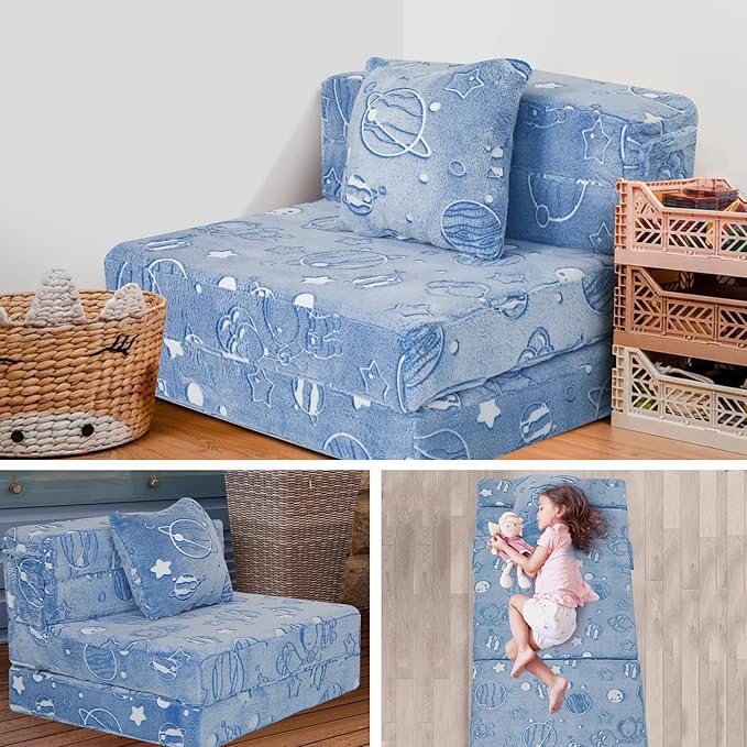 MeMoreCool Glow Space-Themed Tri-fold Sofa Bed for Kids, Foldable Futon Chair and Floor Couch with Planets and Stars for Playroom
