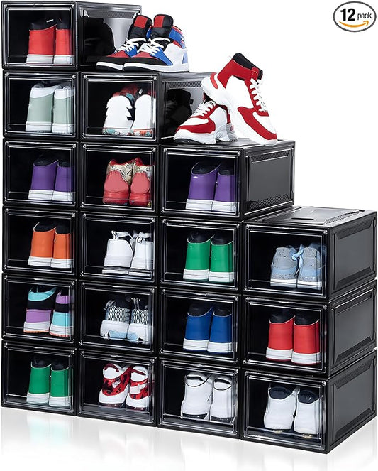 MMBABY 12 Pack Acrylic Black Shoe Boxes– Ultra Plastic Stackable Sneaker Storage For Sneakerhead. Professional Grade Shoe Display Case with Clear Magnetic Door.Fits US Size 15
