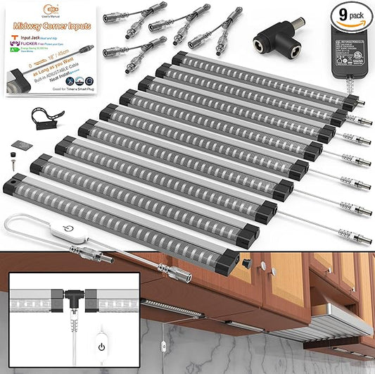 EBD LED Under Cabinet Lighting for Kitchen Built-in Adjustable Cable & Mid Input Jack Bookshelf Plug in Light bar 9 Pcs 4050 Lm 3000K Ultra Bright for Timer Smart Plug Alexa Google Assistant & Siri
