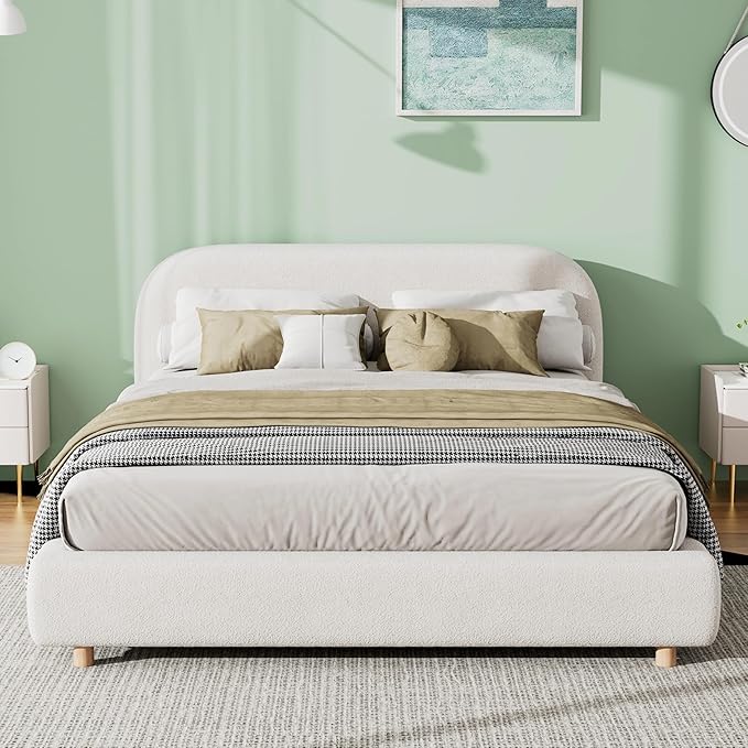 Christopher Knight Home Queen Size Platform Bed, Boucle Fabric Headborad and Bed Frame, Upholstered Curve-Shaped Design Headboard, Wood Bedpost and Slat, Modern Design Bed Set, Easy Assembly, White