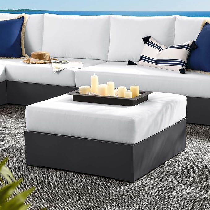 Modway Tahoe Aluminum Ottoman in Gray White with Weather-Resistant Cushion-Ideal as Outdoor Footstool, Patio or Sunroom Furniture