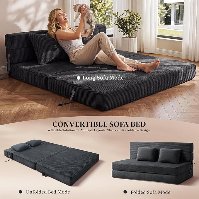 YITAHOME Convertible Folding Sofa Bed, Chair Bed Sleeper with Cushions, Corduroy Fabric Fold-Out Floor Couch, Foldable Mattress for Living Room, Bedroom, Dorm, Guest Room, Queen Size, Black