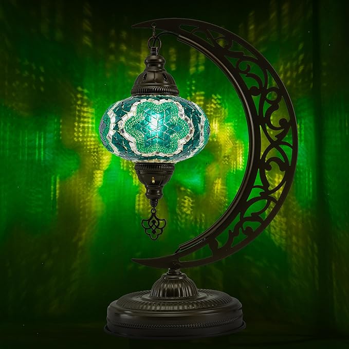 Mozaist Turkish Stained Glass Luna Shape Table Lamp, Moroccan Crescent Tiffany Style Handmade Desk Light, Rustic Moon Living Room, Mosaic Lampshade Office Decorative Dim Lighting (Emerald Green)