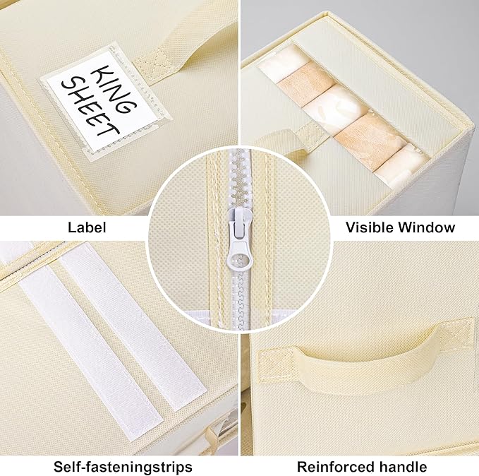 6 Pack Large Bed Sheet Organizers and Storage, (King & Queen Size) Sheet Organizer for Linen Closet, Foldable Bedding Storage Box with Window for Bedsheets, Blanket, Duvet Cover