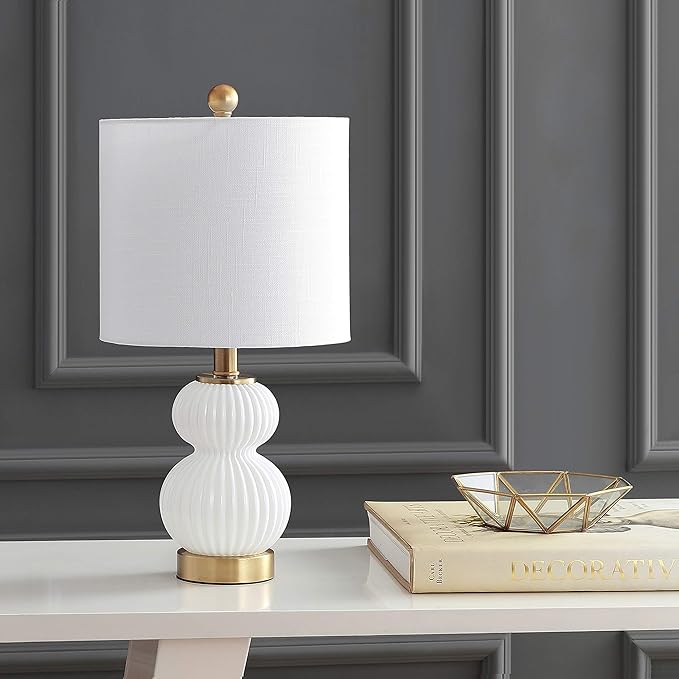 JONATHAN Y 20" White/Brass Gold Ribbed Gourd Glass Table Lamp, Modern Bedside Lamp for Bedroom Living Room, White Linen Drum Shade, LED Bulb Included JYL1099A