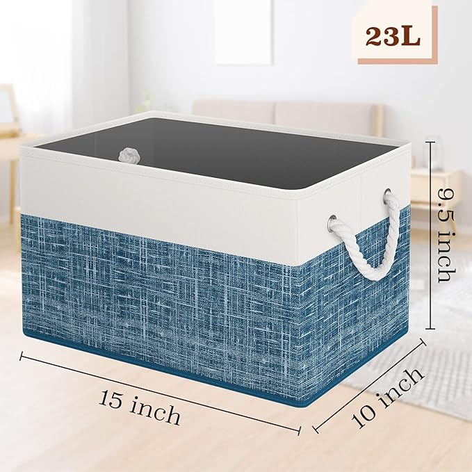 Storage Bin,Collapsible Storage Basket For Organizing,Large Storage Boxes With Rope Handles,Storage Containers,White & Blue,3 Pack