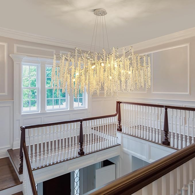 Modern Tree Branch Chandeliers Chrome D47'', Crystal Raindrop Chandelier for Living Room, Round Art Deco Lighting Fixture for for Dining Room Foyer Bedroom 18 Lights
