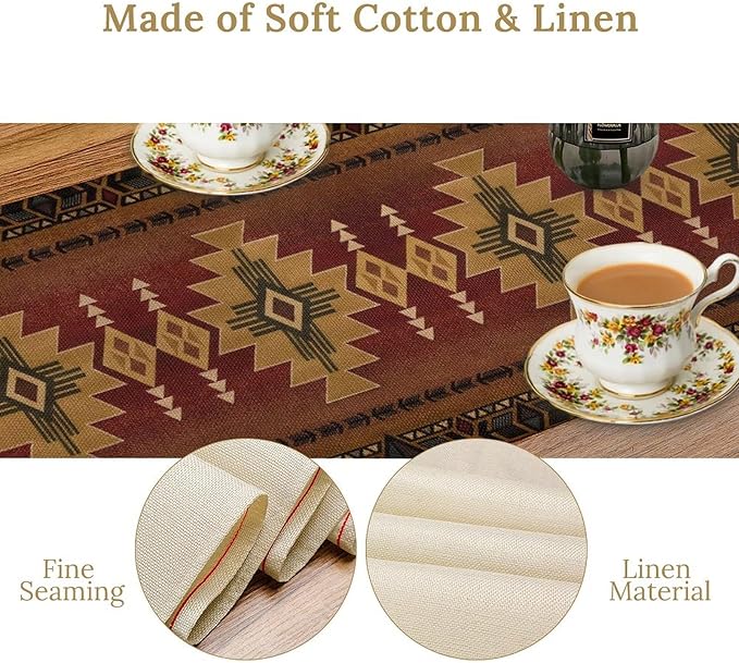 Aztec Vintage Table Runner Southwest Ethnic Style Bohemia Design Retro Geometry Triditional Garden Farmhouse Dining Table Decoration for Living Room Kitchen 13x108in