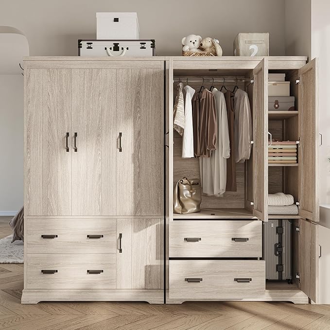 LIKIMIO Wardrobe Closet, 70" Tall 4 Doors Large Wooden Closet with 2 Drawers, 3 Shelves Bedroom Armoire with Hanging Rod, Freestanding Storage Cabinet for Hanging Clothes, Light Oak