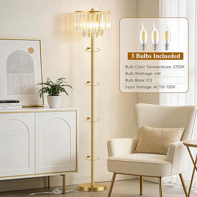 QiMH Floor Lamps for Living Room, Gold Floor Lamp with On/Off Foot Switch, Standing Lamp with Double Layer Crystal Bars Lampshade, 63" Tall Floor Lamps for Bedroom Corner Office(3 Bulbs Included)