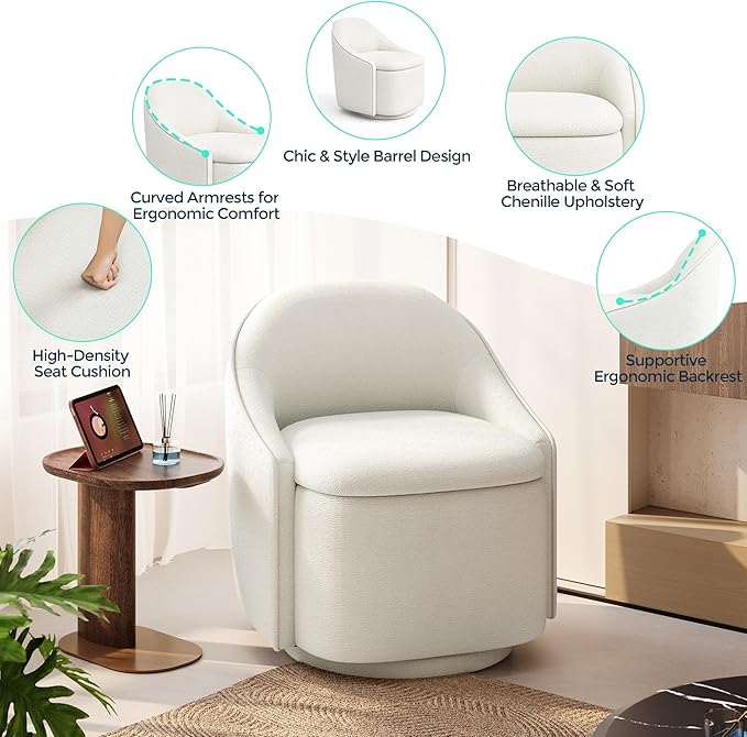 LINSY Swivel Accent Chair Set of 2, Comfy Chenille Barrel Chairs with Storage 360 Swivel Modern Armchair for Living Room Bedroom, Small Boucle Reading Chair for Study Room (Beige)