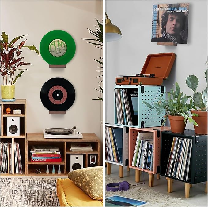 Wood Vinyl Record Shelf Wall Mount, Small Wall Record Holder Display Shelf, Vinyl Record Shelves Record Album Display Holder for LP, CD, Book Art Storage Vintage Home Decor (6, Light Walnut)