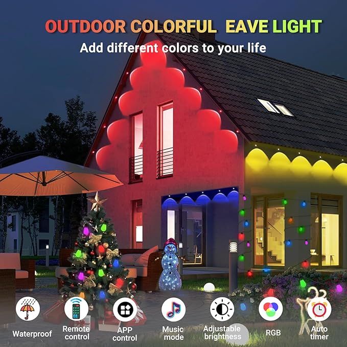 100FT Permanent Outdoor RGB Lights - IP67 Waterproof Smart 50 LEDs Eaves Lights with App/Remote Control,for Christmas and All Holiday Decor, Daily and Accent Lighting,House Roof,Garden Lighting