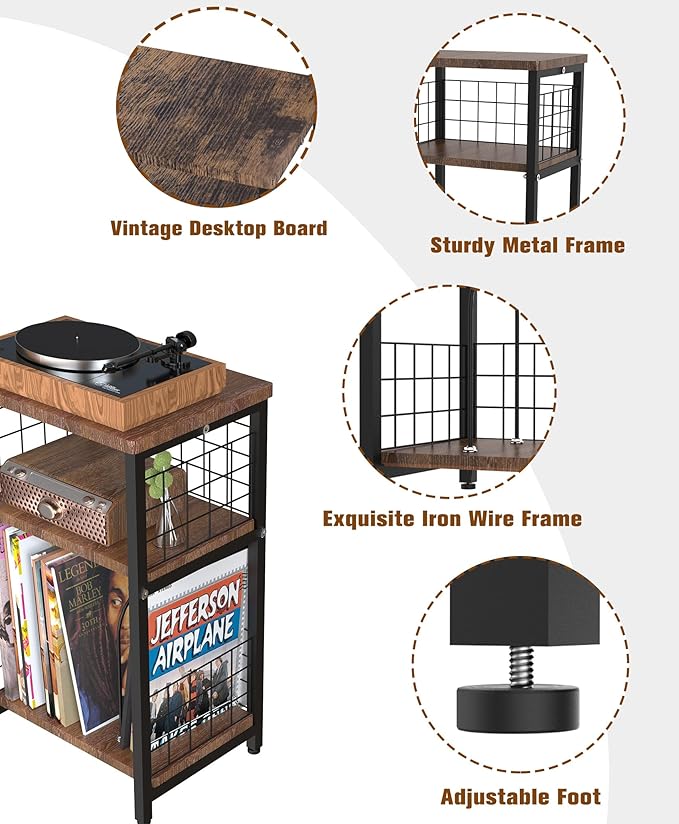 Record Player Stand, 3 Tier End Table with Double Layer Iron Wire Mesh Turntable Vinyl Record Stand Storage Up to 100 Albums, Nightstand Small Side Tables for Living Room Bedroom, Black