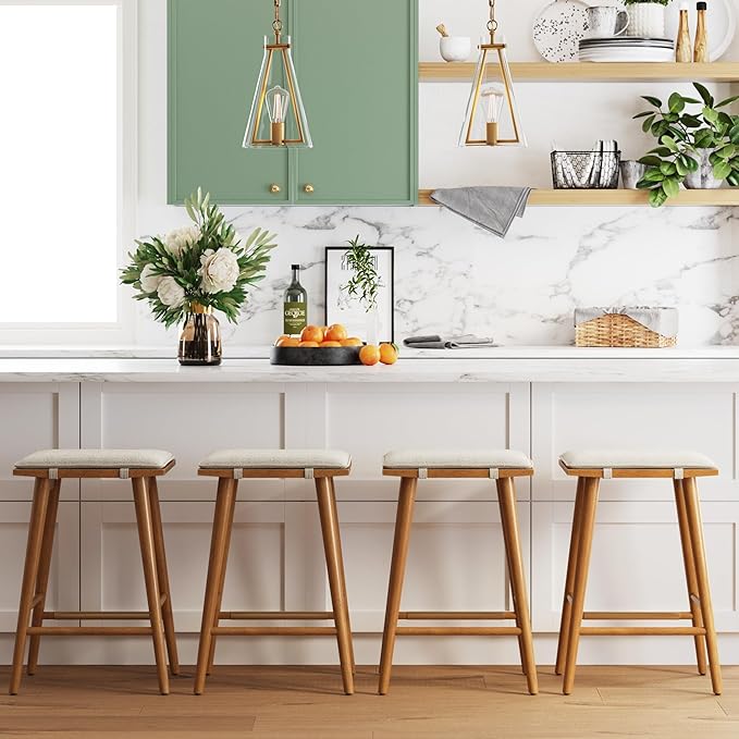 Nathan James Barker Counter Height Solid Wood Barstool with Upholstered Cushion, Backless Island Stool with Rubberwood Legs and Natural Textured Linen Upholstery for Kitchen, Brown/White