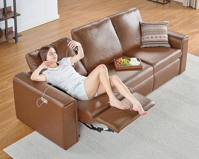 AMERLIFE Dual Power Recliner, Reclining Sectional Couch with Console, Loveseat Anti-Scratch Leathaire Modular Couch with Cup Holder& USB Port, Brown