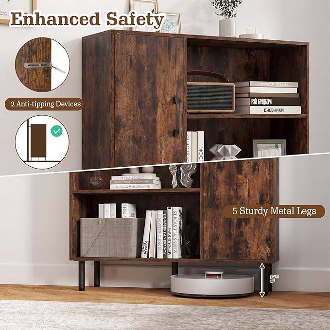 Giantex 47-Inches Storage Cabinet with Doors, Open Shelves, Anti-Tipping Device, 4-Tier Bookcase for Books & Photos, Tall Cupboard, Floor Cabinet for Living Room, Kitchen Buffet Sideboard (Brown)