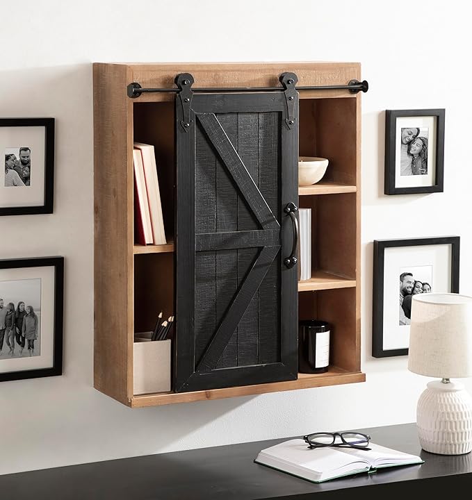 Kate and Laurel Cates Rustic Wall Cabinet; 22 x 28; Black and Rustic Brown; Farmhouse Wall-Mounted Storage Cabinet