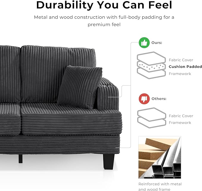 Homes: Inside + Out Reese Modern Plush Chenille Comfortable Loveseat with Side Pockets, Cup Holders and Pillows, Wooden Soft Couch for Living Room, Bedroom and Office, Dark Grey