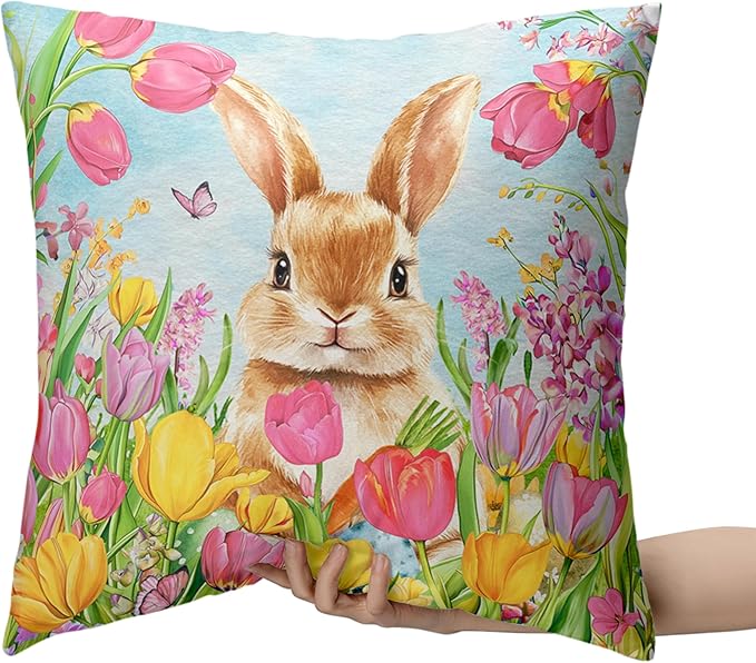 Easter Bunny Pillow Covers 16x16 Set of 2 Lovely Rabbit with Tulip Throw Pillow Covers Spring Pillow Case Floral Cotton Blend Cushion Case for Easter Decor Sofa Patio Garden