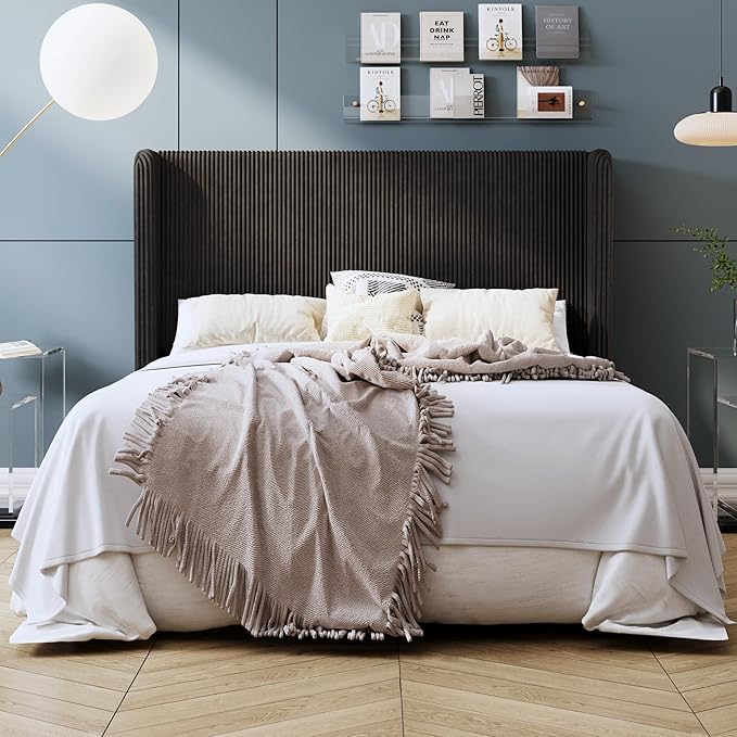 SHA CERLIN Queen Size Corduroy Upholstered Platform Bed Frame with Vertical Channel Tufted Wingback Headboard, 8" Under Bed Storage, Wooden Slats & Metal Frame Support, Easy Assembly, Black